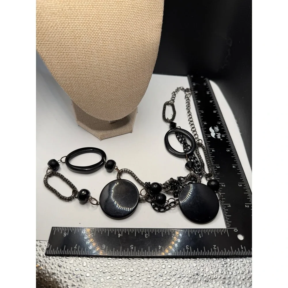 Black Chunky Statement Necklace Multi Strand Geometric Resin Disc Gunmetal Chain